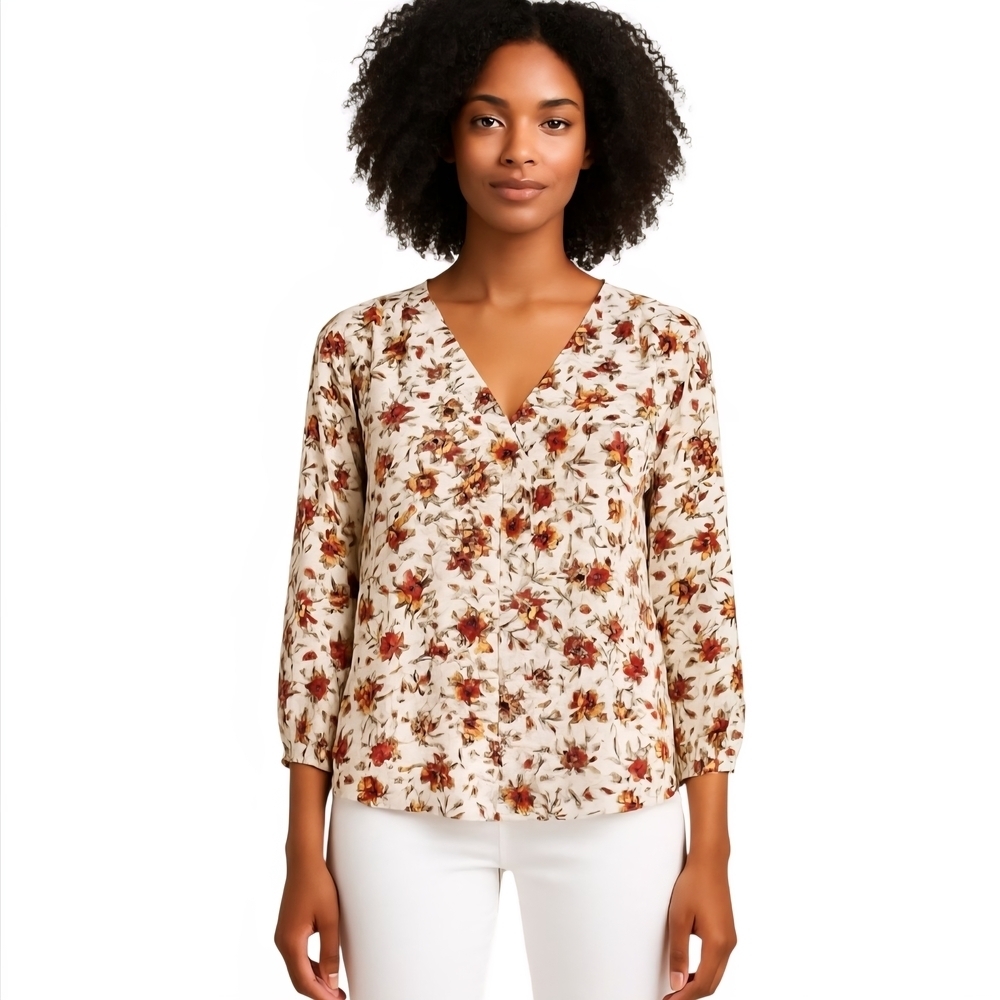 Jones New York Floral V-Neck Blouse - Cream and Brown